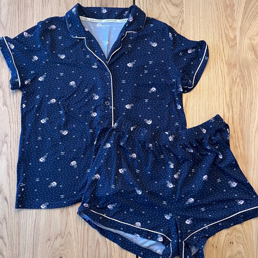 Life is Good Sleep Womens Navy Blue Coffee Mug Pajama‎ Set Shorts Top XL WY4238